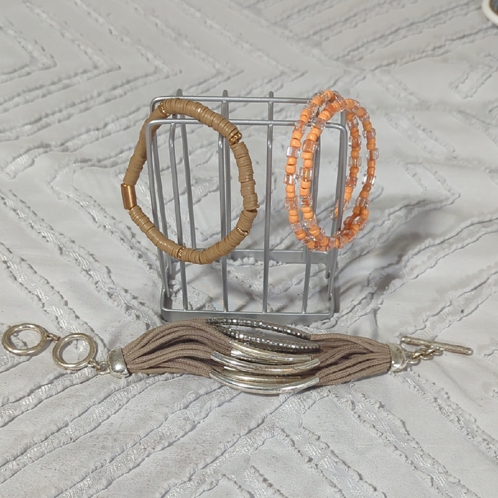 Beaded Orange Wrap Around Bracelet and Taupe Tassel Bracelet Pookie Beads Set